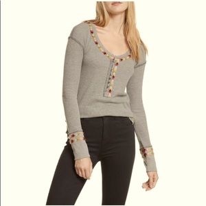 Free People Dark Gray Cotton Blend Rainbow Thermal Henley Tee Shirt - XS